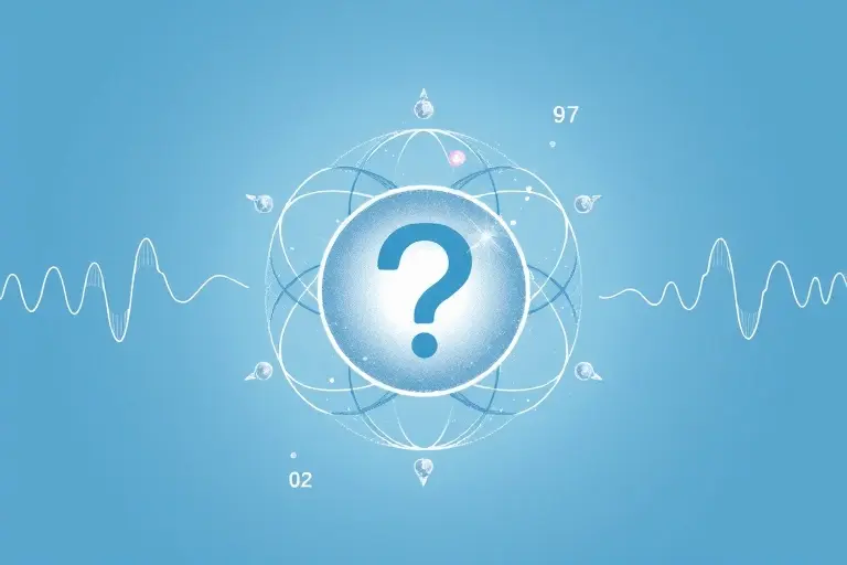 A high-quality scientific illustration showing a proton with a subtle question mark overlay, surrounded by atomic orbitals and quantum wavefunctions, soft blue and white color scheme, minimalistic design, no text or numbers on the image
