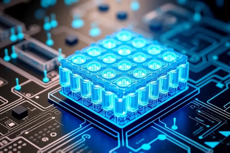 A futuristic quantum computing chip with Abrikosov vortices arranged in a cubic lattice pattern, glowing with soft blue and cyan light, representing qubits; microscopic superconducting material texture visible, with subtle quantum wavefunction interference patterns in the background; high-tech laboratory setting with faint holographic data streams floating nearby, ultra-detailed, scientific visualization style