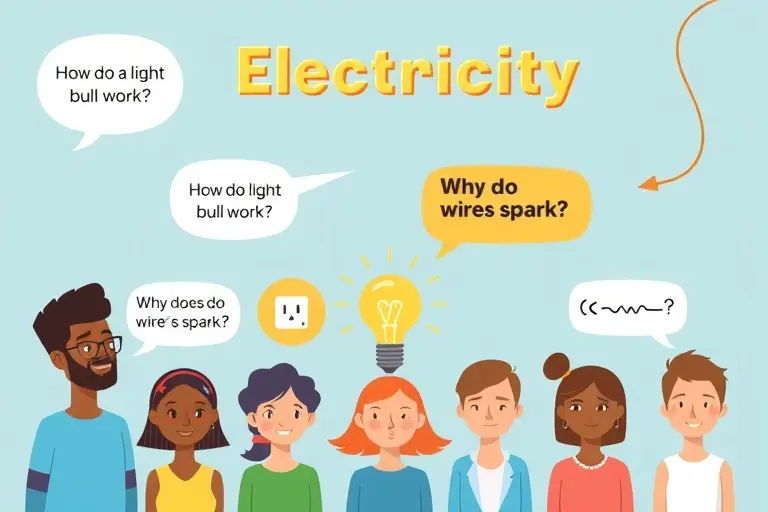A bright, clean illustration showing a diverse group of people asking simple, friendly questions about electricity, such as 'How does a light bulb work?' and 'Why do wires spark?', with icons of light bulbs, sockets, and circuit diagrams subtly integrated, all rendered in a clear, educational style