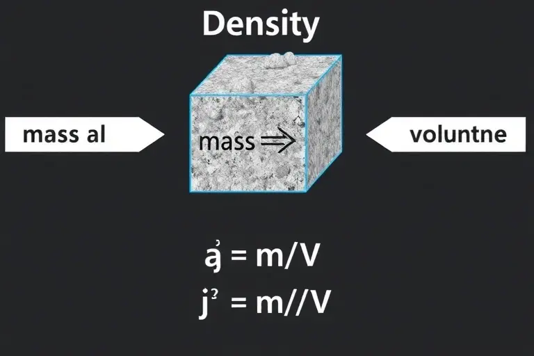 A clear visual representation of density, showing a cube of material with mass and volume labels, arrows indicating mass divided by volume, and a simple formula ρ = m/V displayed graphically without text, in a scientific and educational style