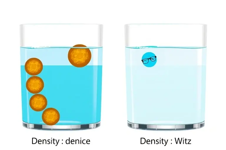 A comparative illustration of different liquids with varying densities, showing objects floating or sinking in each liquid, with clear visual representation of density differences using layered liquids in a transparent container, scientific and educational style, no text or labels