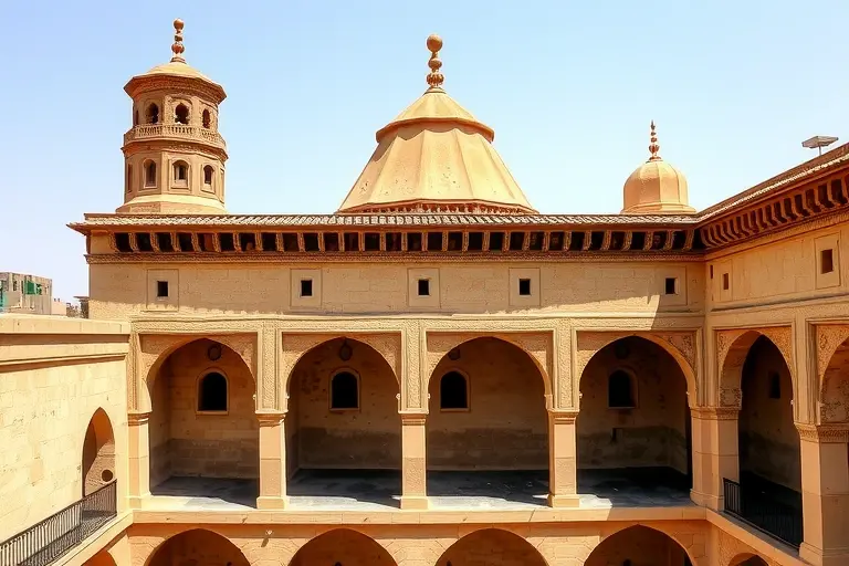 An ancient Persian windcatcher (badgir) on top of a traditional Middle Eastern building, channeling cool air into a courtyard with shaded interiors, showing natural ventilation without modern technology, architectural detail in desert climate setting