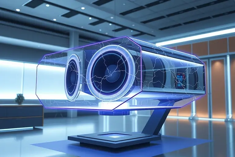 A futuristic scene featuring an advanced electrostatic speaker system that appears to defy the laws of physics. The speaker should be depicted as a sleek, transparent, and floating structure with visible electric arcs and glowing energy fields. The background should include a modern, high-tech environment with minimalistic design elements and subtle lighting effects.