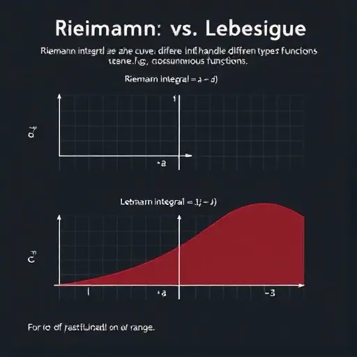 A visual comparison of Riemann and Lebesgue integrals. The image should depict a function plotted on a graph. The Riemann integral area under the curve is shaded in one color, while the Lebesgue integral area is shaded in a different color. The difference in how each integral handles different types of functions (e.g., discontinuous functions) should be subtly suggested through the visual representation. Focus on illustrating the concept of partitioning the domain and range for both integral typ