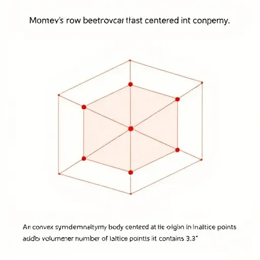 A geometric visualization of Minkowski's fundamental theorem on convex bodies, illustrating a convex symmetric body centered at the origin in a multi-dimensional lattice. The image should depict the body and the lattice points, emphasizing the relationship between the volume of the body and the number of lattice points it contains. Use a clean, minimalist style with geometric shapes and a neutral color palette to highlight the mathematical concepts.