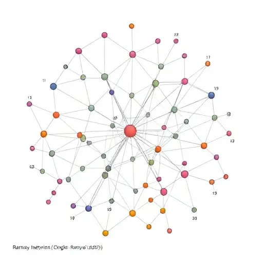 A complex network graph visualization illustrating Ramsey theory concepts. The graph should depict interconnected nodes representing sets and edges representing relationships between them. Highlight key elements like Ramsey numbers and asymptotic estimations with subtle visual cues (e.g., color gradients, node sizes). The overall aesthetic should be clean and informative, emphasizing the interconnectedness and structure of the graph.