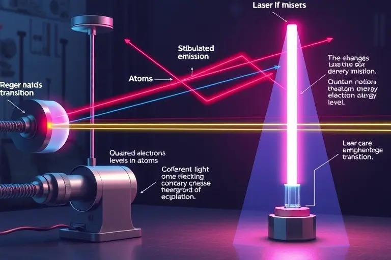 A detailed scientific illustration of laser physics, showing quantum electronic transitions, energy levels in atoms, stimulated emission, and coherent light beams in a laboratory setting, with optical components like mirrors and lenses, all rendered in a realistic and educational style