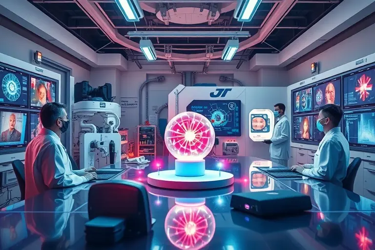 A futuristic laboratory scene showing scientists observing glowing quantum particles forming a novel state of matter, with holographic displays and advanced equipment, vibrant colors, high detail, scientific atmosphere