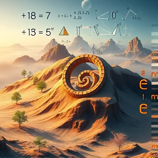 A visual representation of the concept of algebraic and transcendental numbers, focusing on the number e. The image should depict a mathematical landscape where algebraic numbers are represented as structured, geometric shapes or patterns, while transcendental numbers, particularly e, are shown as more abstract, flowing, and organic forms. Include elements that symbolize the infinite and non-repeating nature of e, such as spirals or fractals. The background should suggest a mathematical or scien