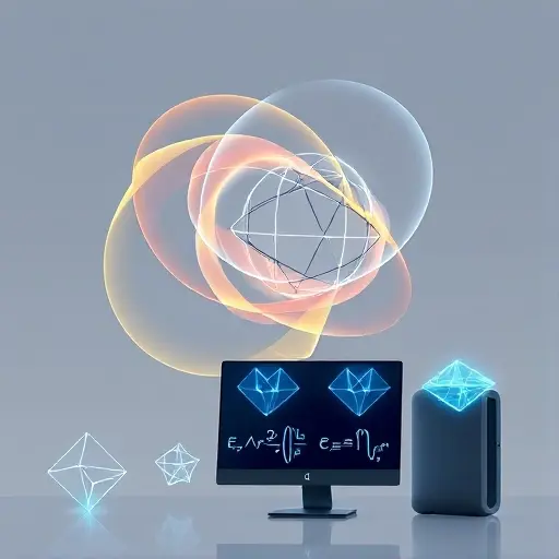 A stylized illustration of abstract mathematical concepts: swirling geometric shapes representing polynomial equations intersecting in a three-dimensional space, with a translucent lattice structure symbolizing a Gröbner basis connecting the intersecting surfaces. In the foreground, a sleek computer workstation with glowing holographic graphs of nonlinear systems, emphasizing computational analysis, all rendered in a clean, modern aesthetic without any textual elements.