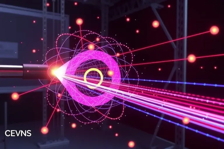 A high-quality scientific illustration showing coherent elastic neutrino-nucleus scattering (CEvNS) in a laboratory setting, featuring a neutrino beam interacting with a dense nucleus target, visualized with glowing particle tracks and energy transfer effects, emphasizing precision and scientific detail