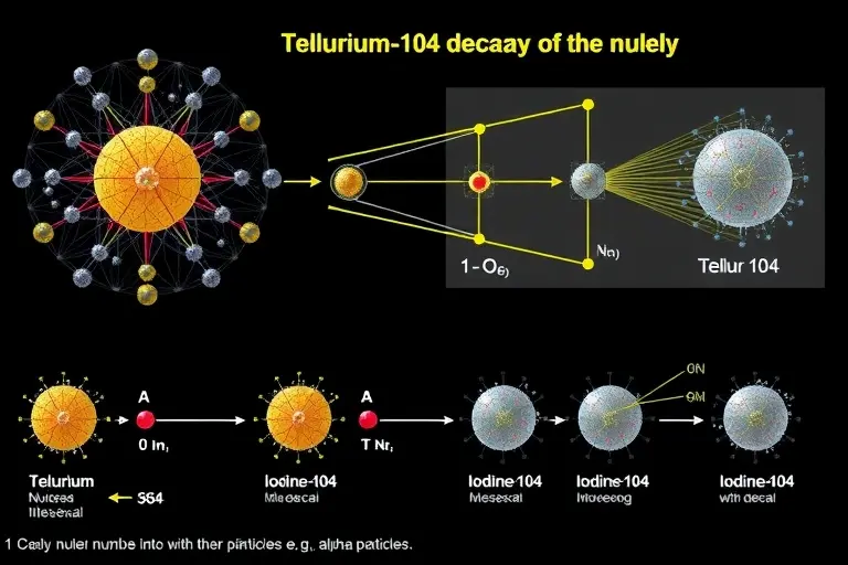 A detailed illustration of the decay of a tellurium-104 nucleus. Show the nucleus with electrons orbiting it, and depict the decay into other nuclei (e.g., iodine-104) with emitted particles (e.g., alpha particles). Include scientific diagrams and labels indicating the atomic numbers and masses of the involved nuclei. The image should convey the complex process of nuclear decay.