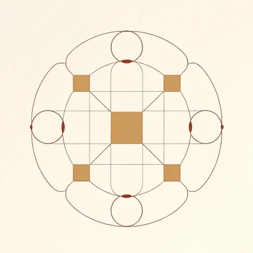 An abstract illustration of quadratic residues and the law of quadratic reciprocity by Gauss. The image should depict a geometric pattern with interconnected circles and squares, representing the mathematical relationships and symmetry inherent in quadratic residues. The background should be minimalistic with a focus on the geometric shapes and their interactions.