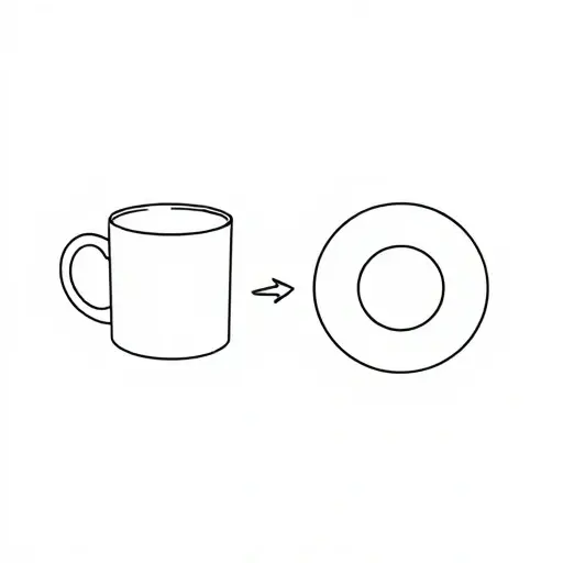 A simple line drawing showing a coffee mug being continuously deformed into a torus (donut shape) through smooth topological transformation, illustrating the concept of homeomorphism in general topology. The mug and torus are shown in intermediate stages of deformation, with arrows indicating the continuous mapping. No text, labels, or numbers appear in the image. Background is plain white. Style is minimalistic, clean, and precise — smallHQ.