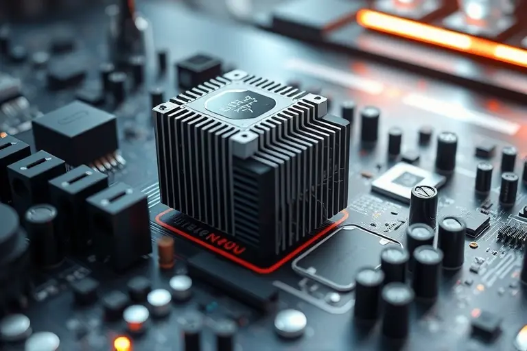 A futuristic electronic circuit board with boron arsenide components, showcasing advanced cooling technology. The image should highlight the sleek and efficient design of the boron arsenide coolers integrated into the electronic components, with a focus on their innovative and high-performance nature. The scene should be set in a modern, high-tech environment, possibly with a slight glow or shimmer effect to emphasize the cutting-edge technology.