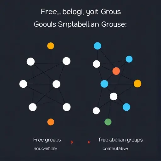 A visual representation of the concept of free groups and free abelian groups in abstract algebra. The image should depict a network of interconnected nodes and edges to symbolize the elements and operations within these groups. Use geometric shapes like circles for nodes and lines for edges to illustrate the group structure. Highlight the differences between free groups (non-commutative) and free abelian groups (commutative) by varying the colors or patterns of the nodes and edges. Include a ce