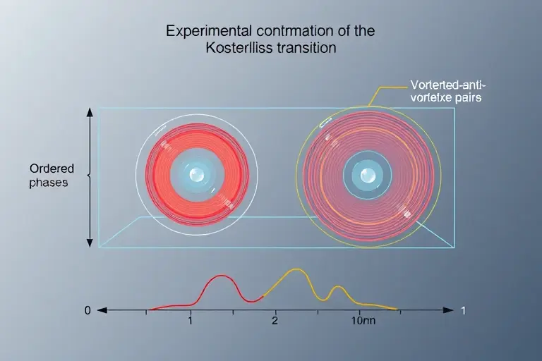 A two-dimensional scientific system showing experimental confirmation of the Kosterlitz-Thouless transition, with abstract representations of vortex-antivortex pairs, ordered and disordered phases, and subtle thermal fluctuations, rendered in a clean, minimalist scientific illustration style