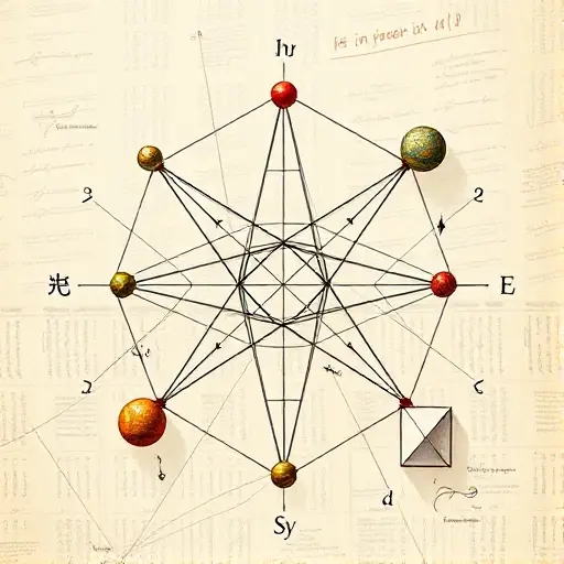 A detailed illustration of a mathematical concept, featuring abstract geometric shapes and symbols representing the theory of invariants. The image should include interconnected nodes and lines to symbolize the relationships and structures within the theory. The overall composition should evoke a sense of complexity and depth, reflecting the theoretical foundations and the Hilbert's theorem on the finiteness of the basis of invariants.