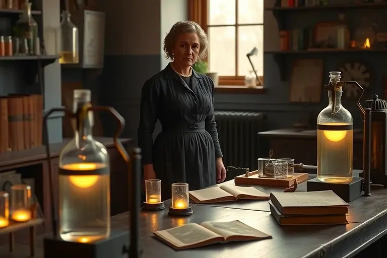Marie Skłodowska-Curie in a quiet laboratory setting, wearing a long dress and apron, standing beside a table with glass laboratory equipment, glowing vials of radium, books and notebooks with scientific sketches, soft natural light from a window, historical 19th-century atmosphere, no modern objects