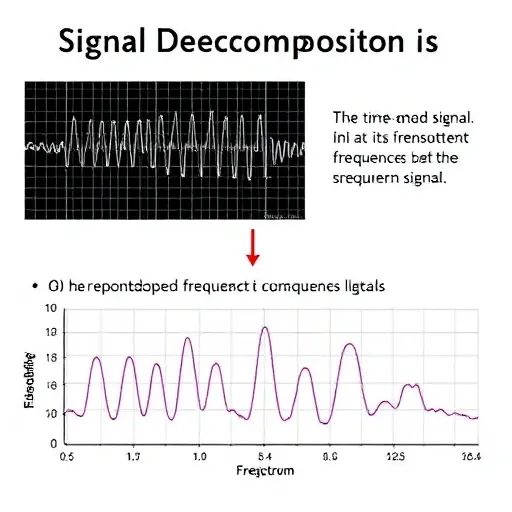 A visual representation of signal decomposition in the frequency domain. Show a complex signal being broken down into its constituent frequencies, visualized as a spectrum with distinct peaks representing different frequencies. Include a clear depiction of the time domain signal and its corresponding frequency spectrum. The image should convey the concept of analyzing signals to understand their frequency components.