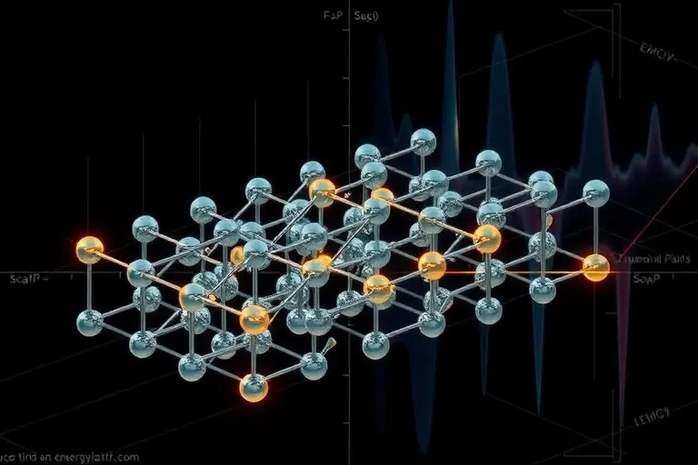 A conceptual illustration of an excitonic insulator, showing a crystalline lattice with electrons and holes bound into excitons, forming a gap in the electronic band structure; visualize the exciton pairs as coupled electron-hole orbits around atomic sites, with a subtle energy gap indicated between valence bands, using soft glowing quantum wavefunctions of the excitonic insulator behavior; background is a dark, abstract solid-state physics diagram with faint lattice vectors and energy bands, no
