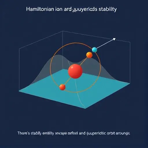 A stylized illustration depicting a Hamiltonian system with a focus on quasiperiodic stability. The image should visualize the system's potential energy landscape, showing a stable equilibrium point and a quasiperiodic orbit around it. Use abstract shapes and colors to represent energy levels and the system's dynamics. The overall composition should convey a sense of balance and repeating patterns.