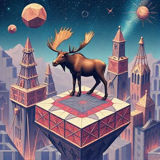 A surreal illustration of a moose (Лось) standing on a floating geometric platform made of intricate structural patterns, surrounded by abstract ultra-structures that resemble fractal-like building blocks, with a sense of mathematical elegance and cosmic scale, rendered in a detailed and vibrant style