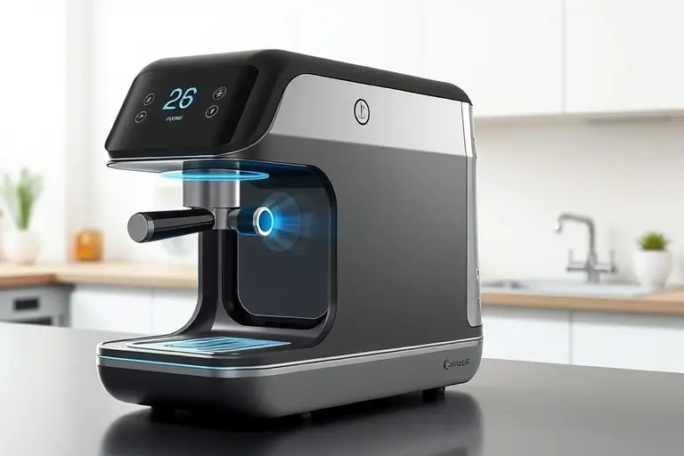 A futuristic coffee machine utilizing ultrasonic technology. The machine should be sleek and modern, with visible ultrasonic transducers. Steam should be subtly present, indicating the process. The background should be a clean, minimalist kitchen setting.