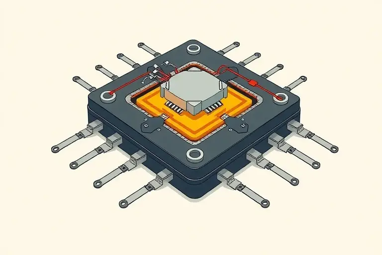A close-up, detailed illustration of a novel transistor design. The transistor should be depicted with intricate internal components, highlighting the unusual structure that allows for a fourfold increase in current frequency. Focus on the unique arrangement of elements and the flow of electrons within the device. The background should be a clean, neutral color to emphasize the transistor's details.