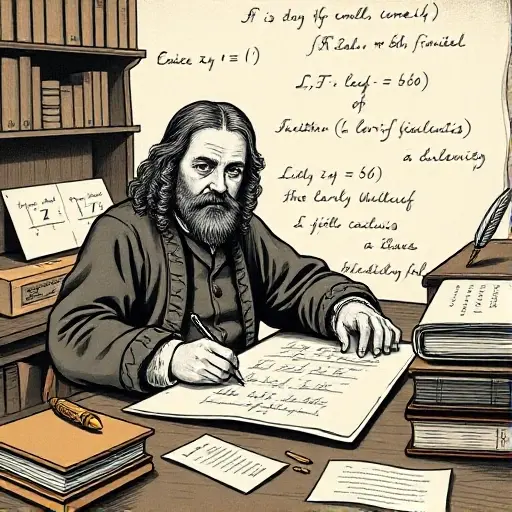 A historical illustration of the genesis of the concept of infinitely small quantities in mathematics, showing Gottfried Wilhelm Leibniz writing on parchment with early calculus notation, surrounded by faint outlines of differential symbols and infinitesimal curves, in a scholarly study setting with antique books and quill pens, rendered in a detailed yet minimalist style
