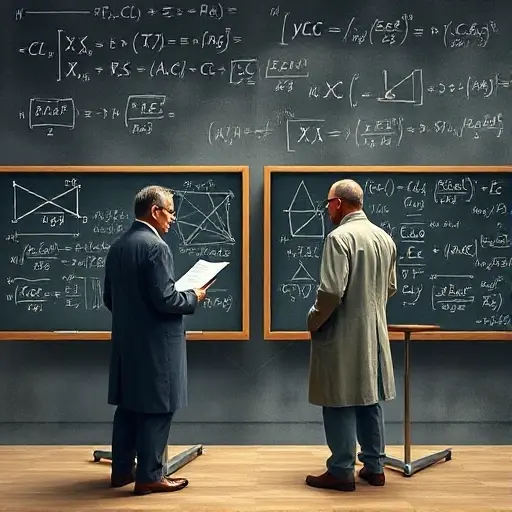 An abstract mathematical scene depicting a tense academic debate: two scholars, one representing Shinichi Mochizuki with papers on inter-universal Teichmüller theory, and another representing Peter Scholze and Jakob Stix, standing opposite each other with chalkboards filled with complex equations and symbols of the ABC conjecture, surrounded by floating mathematical notations and a subtle crack in the background symbolizing the divide in the mathematical community, all in a minimalist, high-deta