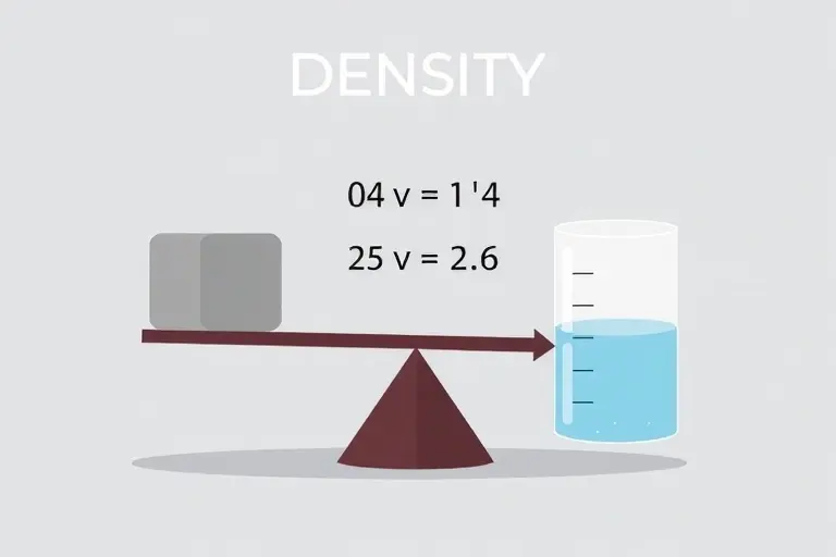 A clear, educational illustration showing the concept of density with a simple formula: density equals mass divided by volume, depicted using a balanced scale with a solid block on one side and a measuring cylinder with water on the other, surrounded by labeled arrows indicating mass and volume, in a clean scientific style