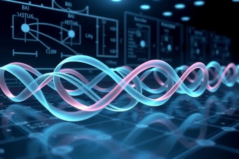 depict a stylized, abstract visualization of quantum oscillations and interference patterns observed in meson systems, featuring swirling wave-like structures, overlapping interference fringes, and subtle color gradients to represent complex quantum states, set against a subtle background of particle detector schematics or a high-energy physics laboratory environment, without any textual labels or numbers
