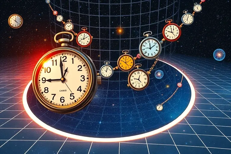 A surreal depiction of time and space bending according to Einstein's theory of relativity, with distorted clocks floating in a starry cosmos, warped grid lines representing spacetime curvature, and distant galaxies stretched into ribbons, all rendered in a dreamlike, scientific aesthetic