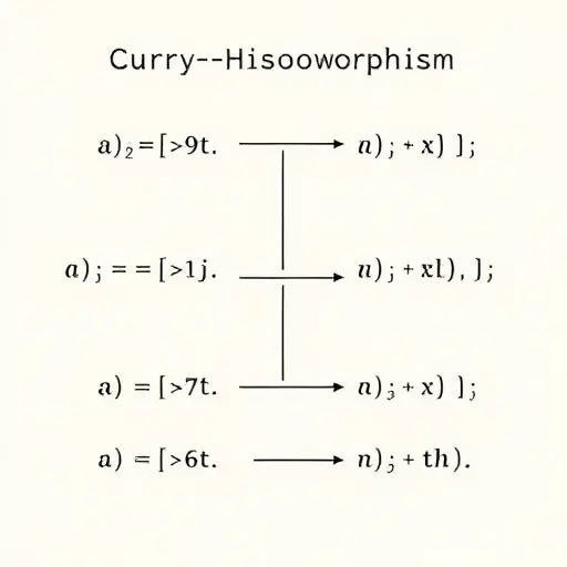 A visual representation of the Curry-Howard isomorphism, showing the connection between logic and type theory. Depict abstract shapes and symbols representing logical propositions and their corresponding data types, with arrows or lines illustrating the isomorphism between them. Use a minimalist and abstract style to convey the theoretical nature of the concept.