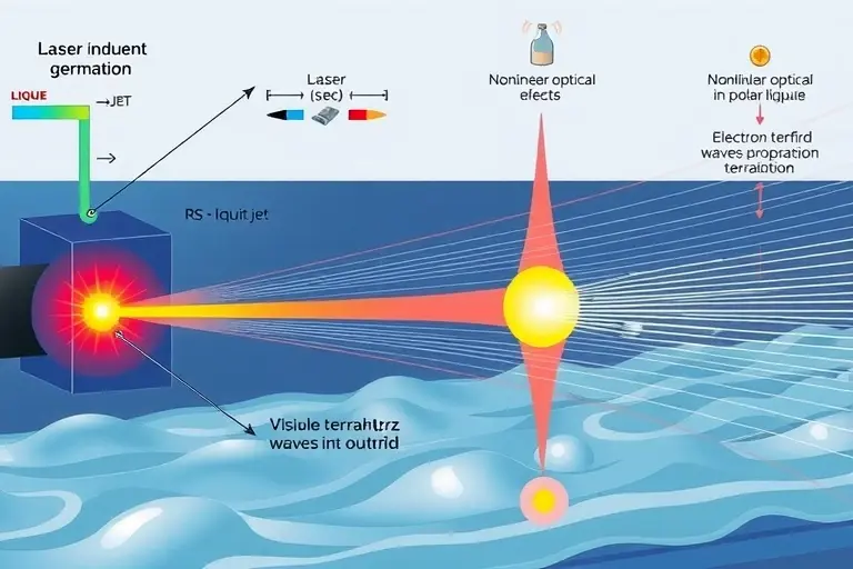 A detailed scientific illustration showing mechanisms of terahertz radiation generation in liquid environments, featuring laser-induced plasma formation in a liquid jet, nonlinear optical effects in polar liquids, and electron acceleration via wakefield mechanisms, with visible terahertz waves propagating outward, all rendered in high clarity with precise technical details suitable for a technological review