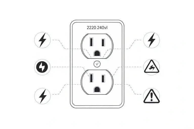 A high-quality illustration showing a standard household electrical outlet with visible voltage label indicating 220-240 volts, surrounded by subtle icons of lightning bolts and safety symbols, clean background, detailed technical illustration style
