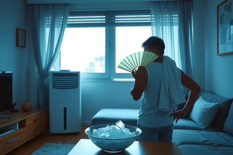 A modern apartment interior during extreme heat, with windows closed and blinds drawn, a portable air conditioner running, a bowl of ice cubes on a table, and a person fanning themselves with a towel, cool blue tones and shadows to convey relief from heat