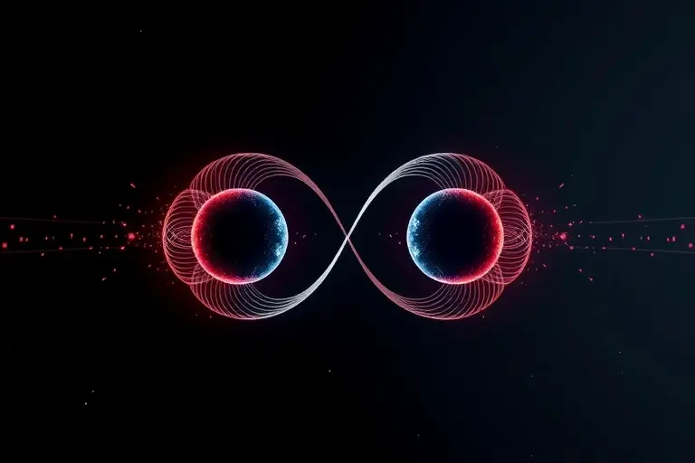 A conceptual visualization of Majorana fermions for beginners, depicting two symmetric, particle-like entities merging into a single neutral entity with a subtle quantum wave pattern around them, set against a dark cosmic background with faint particle trails, scientific and abstract style