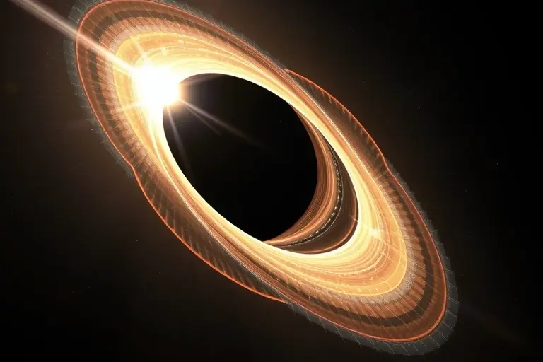 A high-resolution scientific visualization of a black hole's shadow with polarized light patterns, showing swirling magnetic fields and polarized radiation near the event horizon, rendered in a realistic astrophysical style with accurate color gradients and lens flare effects