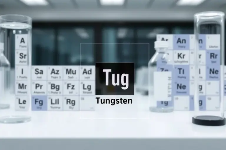 Tungsten element displayed within the periodic table of elements, scientifically accurate, clean laboratory background, no text, no labels, no numbers, minimalistic design