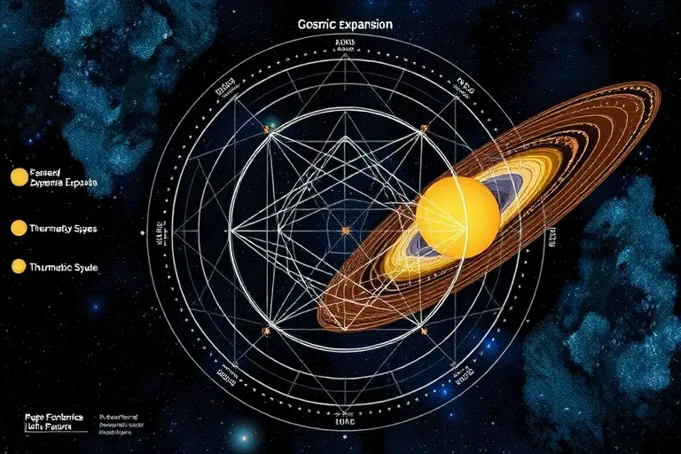 A high-quality scientific illustration showing a cosmic expansion diagram with geometric patterns representing accelerated universe expansion, subtle thermodynamic symbols, and abstract visualizations of thermodynamic processes in space, rendered in the style "HQ-768-512-h"