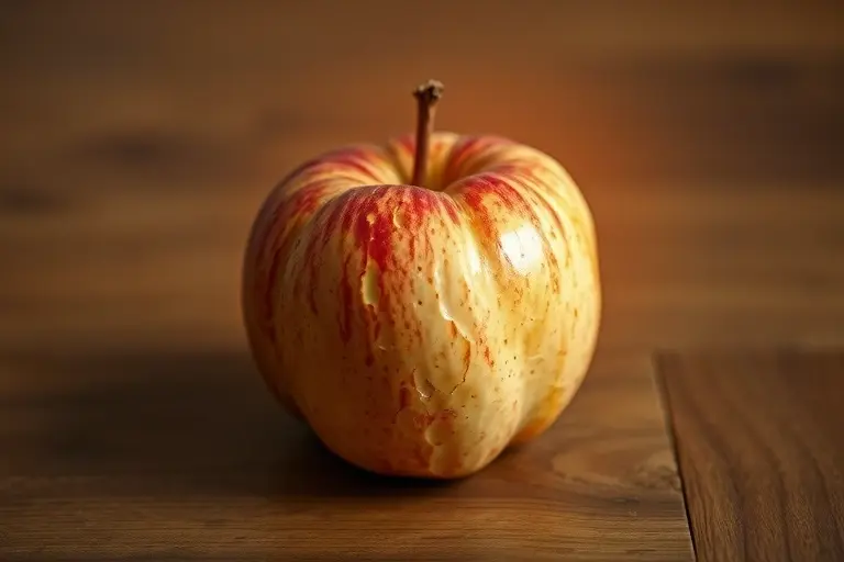 A dried apple sitting on a wooden table, with subtle cracks and wrinkles on its surface, surrounded by a faint glowing aura representing the paradox of physical transformation, soft natural lighting, realistic texture, no text, no labels, no people