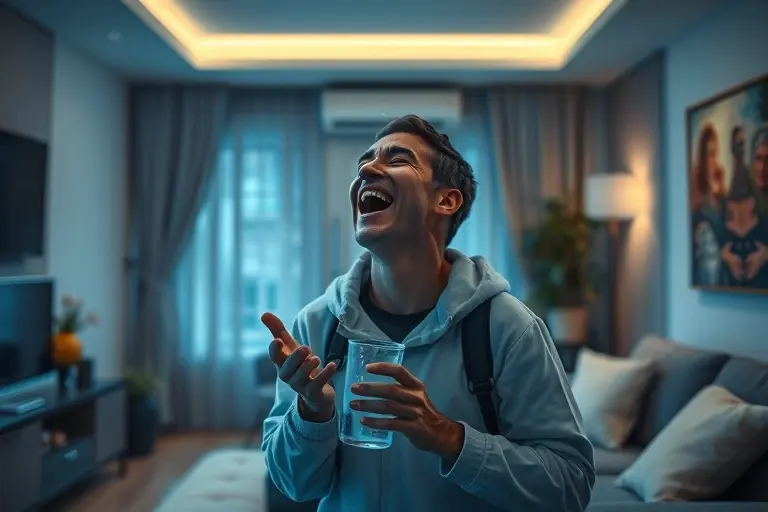 A modern apartment interior during extreme heat, with a person cooling down using a small container of liquid helium in a safe, scientific setup, surrounded by cool blue tones and condensation effects, no open flames or dangerous equipment, realistic lighting