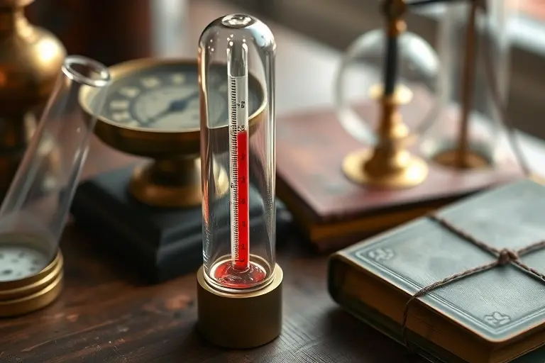 An antique alcohol thermometer with a glass tube, filled with red alcohol, showing the freezing point and boiling point markers, placed on a wooden table with old scientific instruments like brass scales and leather-bound notebooks, soft historical lighting, detailed and realistic, no text or numbers