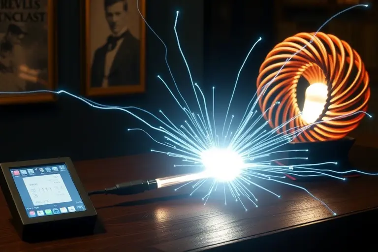 A futuristic scene depicting wireless energy transfer, inspired by Nikola Tesla's legacy. Show a glowing energy beam connecting a power source to a device, with a vintage Tesla coil in the background. The setting should blend historical and modern elements, with a hint of mystery and scientific wonder.