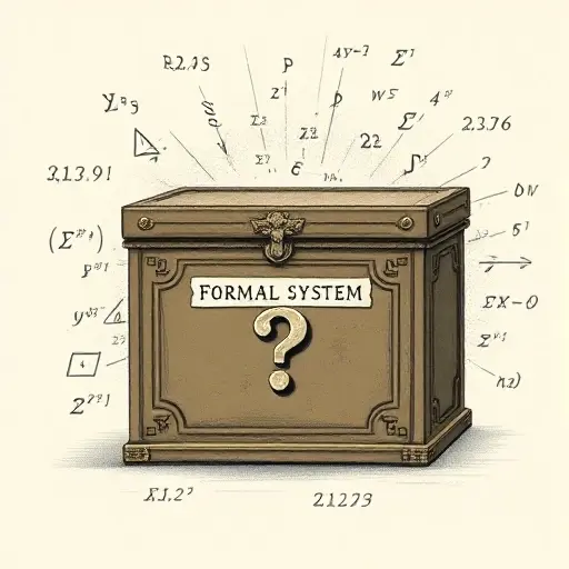 A symbolic illustration representing Gödel's second incompleteness theorem: a sealed, ornate box labeled 'Formal System' with a lock shaped like a question mark, surrounded by faint, fading mathematical symbols and equations that dissolve into static, conveying the idea that the system cannot prove its own consistency; subtle hints of a hidden key made of light that remains out of reach, all rendered in a minimalist, abstract style with muted colors and clean lines
