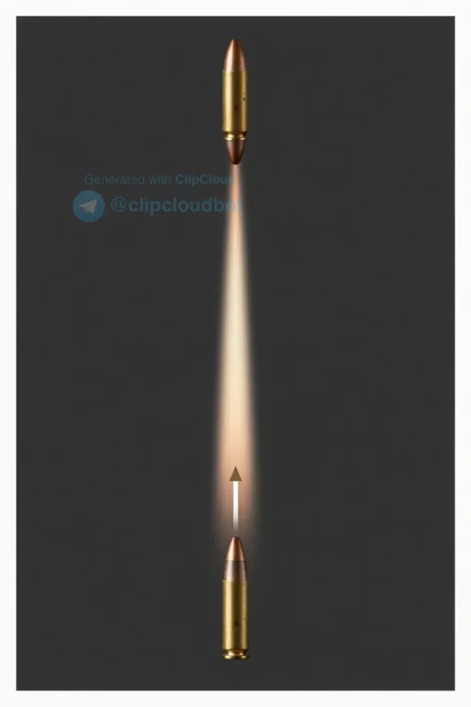 A realistic physics diagram showing a bullet fired vertically upwards, depicting the trajectory from the gun muzzle upwards to the peak height and then falling back down, with subtle motion blur and directional arrows indicating the direction of movement, glowing trail to show the path, clean dark background, scientific and educational visualization