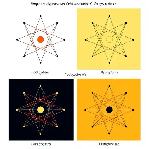 A visual representation of simple Lie algebras over fields of different characteristics, showing abstract geometric structures symbolizing root systems and Killing form properties, with contrasting color schemes to indicate characteristic zero versus positive characteristic, no text or numbers, minimalistic mathematical aesthetic