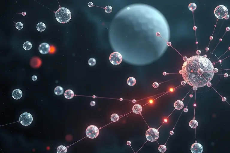 A surreal depiction of quantum paradoxes in the microscopic world, featuring floating particles in superposition, overlapping probability waves, and ghostly entangled particles connected by glowing threads, all set in a dark cosmic void with subtle quantum foam textures, no text or numbers
